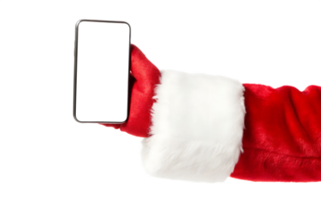 Santa claus hand holding smartphone isolated on a white background png