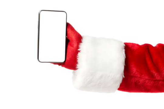Santa claus hand holding smartphone isolated on a white background png - Powered by Adobe