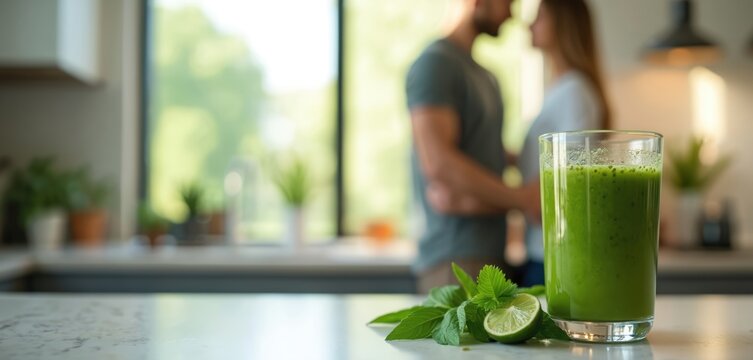 Green smoothie glass stands on kitchen counter. Blurred couple in background. Fresh herbs and lime near drink. Wellness, healthy food, detox, weight loss, diet, healthy lifestyle, nutrition.