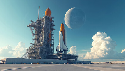 Space tourism shuttle preparing launch modern spaceport. Futuristic design with planet on blue sky background. Commercial flight to space, advanced tech, exploring galaxy. Rocket launch site, sci-fi,