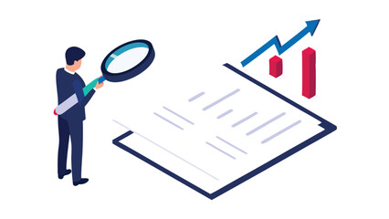 Man analyzing business data on a clipboard with magnifying glass and growth chart illustration
