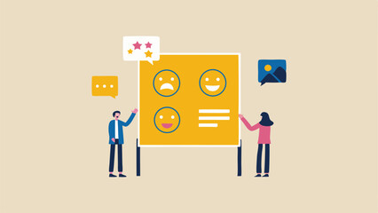 People presenting customer feedback board with happy and sad faces and star ratings displayed on board