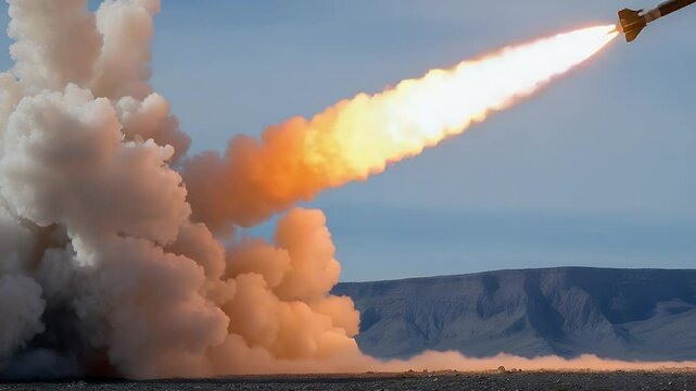 Missile Launch Ascending: A high-angle, dynamic shot captures a missile launching, with fiery exhaust and powerful ascent against the clear sky.