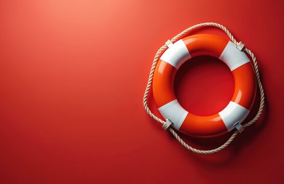 Red lifebuoy on red background. Lifesaving equipment, emergency flotation device, help, rescue, safety concept. Marine, seaside, coastal, summer, vacation concepts.