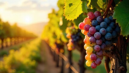 Fototapeta premium Sun-drenched rows of ripening grapes hang heavy on the vine, ready for harvest Golden sunlight bathes the vineyard in a warm, autumnal glow, promising a rich vintage , sunlit, viticulture