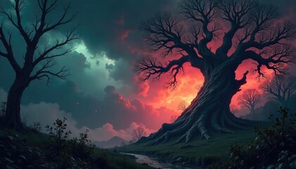 Twisted, gnarled trees claw at a stormy sky in a rage-filled forest Dark, brooding atmosphere, ominous shadows engulf the ancient woods Nature's fury captured in a single frame , earth, wrath