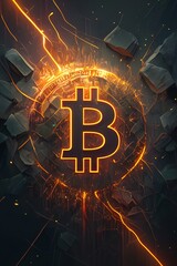 Bitcoin sign on cracked wall. Cryptocurrency concept. 