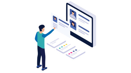 Isometric illustration of a man interacting with profiles on a digital screen and card interfaces
