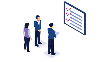 Isometric view of three business people reviewing a checklist on a large display screen together now