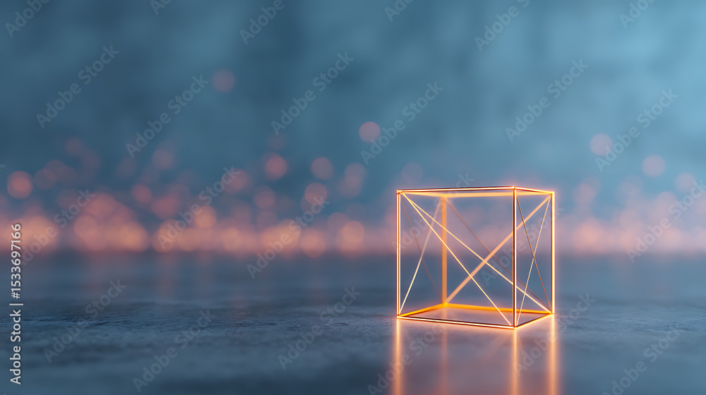 Poster 3d rendering of abstract polygon shape with glow light and reflection on grunge wet floor. for techn