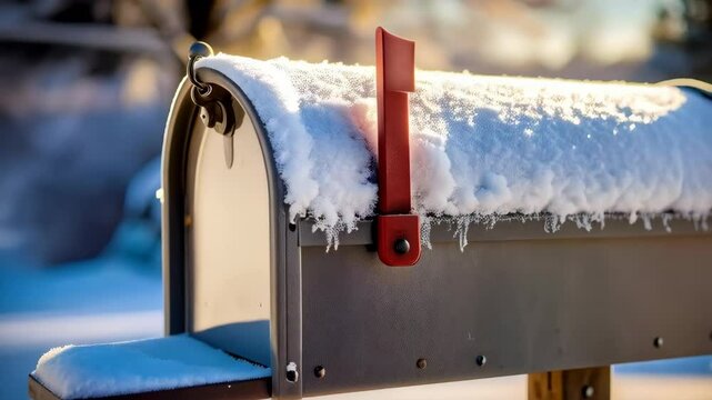 Snow-covered metal mailbox with red flag in winter sunlight against blurred background, icicles hanging down, winter season in suburb neighborhood
