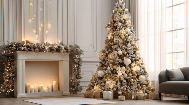 A modern living room with a tall Christmas tree decorated in gold and white ornaments, fairy lights glowing softly. Fireplace nearby with garland and candles.