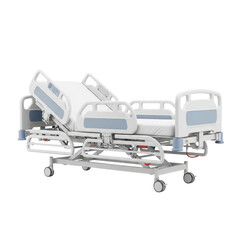 Adjustable hospital bed with wheels and side rails for medical care transparent PNG