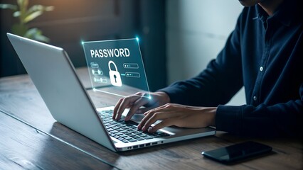 Businessman using laptop computer password cyber security identity theft and cloud network system application information privacy internet online protection.