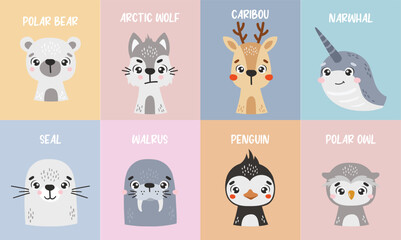 Naklejka premium Polar animals isolated, cute animals, kids posters, cartoon, cards for kids