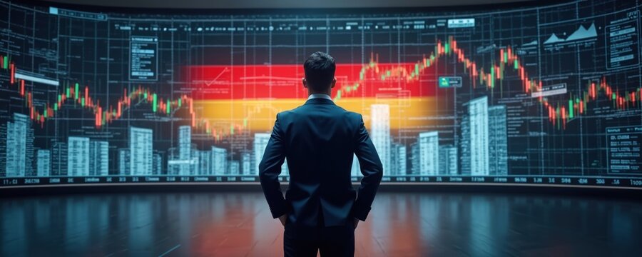 Businessman looks at stock market chart. Economic growth visualization with German flag. Financial trading, investment, digital platform. Business growth, finance. Success, global market data,