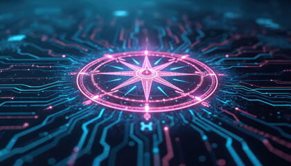 Digital illustration of an AI ethics compass concept. Holographic projection of a trustworthy artificial intelligence guiding the future. Cybernetic world. Tech-innovation symbol.