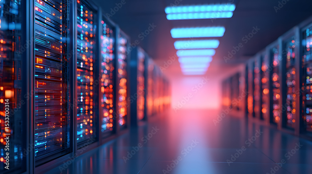 Poster 3d rendering of data center room with abstract data servers and glowing led indicators and ceiling l