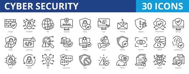 Cyber security icon pack collection set with firewall, encryption, vpn, password, secure, hack, phishing, malware, cloud security, antivirus, breach, code issue, detection, data, privacy, access © Galuh Sekar