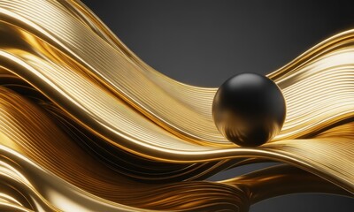 Gold Wave with Black Sphere Abstract