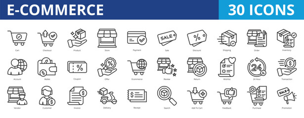Ecommerce icon pack collection set with cart, checkout, product, store, payment, sale, discount, shipping, order, inventory, account, wallet, coupon, offer, ecommerce, review, return, wishlist