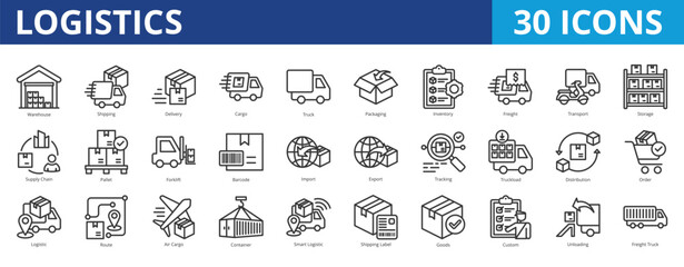 Logistic icon pack collection set with warehouse, shipping, delivery, cargo, packaging, inventory, freight, transport, storage, supply chain, import, export, tracking, procurement, order fulfilment
