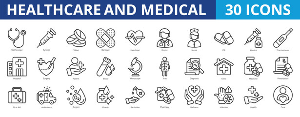 Healthcare and medical icon pack collection set with stethoscope, medicine, treatment, bandage, heartbeat, doctor, nurse, vaccine, hospital, surgery, diagnosis, clinic, prescription, wellness