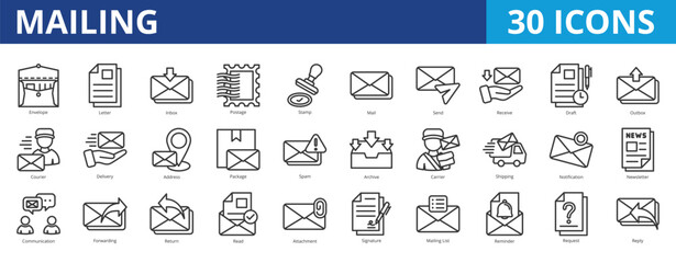 Mailing icon pack collection set with letter, send, receive, delivery, address, , business, information, package, archive, shipping, notification, communication, discussion, document, administration