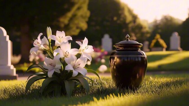  Ceramic funeral urn with white lilies flowers in cemetery, Funeral, Cremation, Memorial, Tranquility concept 