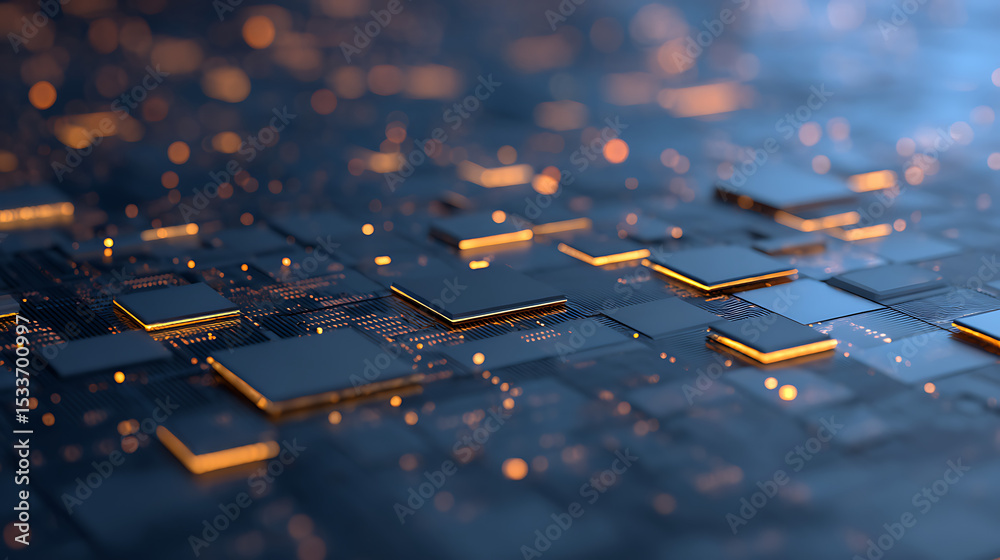 Poster 3d rendering of black glossy geometry plates led glowing lights and binary data. halftone color. con