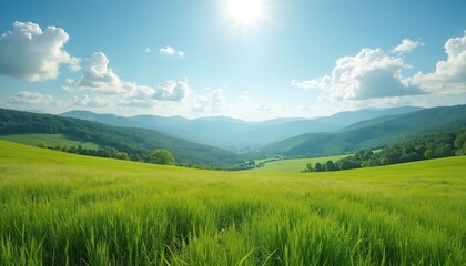 Fototapeta premium Panoramic view over green meadow, rolling hills, blue sky, white clouds. Nature landscape with valley, mountains at horizon. Summer daylight countryside, vacation travel relaxation vibes.