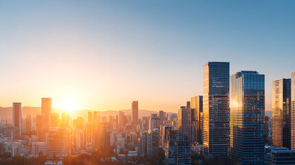 Plakat 3D Rendering of morning sun rise in mega city. Light reflection from building windows. Large copy space area. For business district center (CBD) tech product future achievement success back 43839302 1