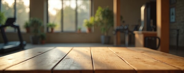 Wooden table in modern gym with natural light. Blurry interior background features fitness equipment, potted plants near window. Tabletop for product display, background for healthy lifestyle concept.