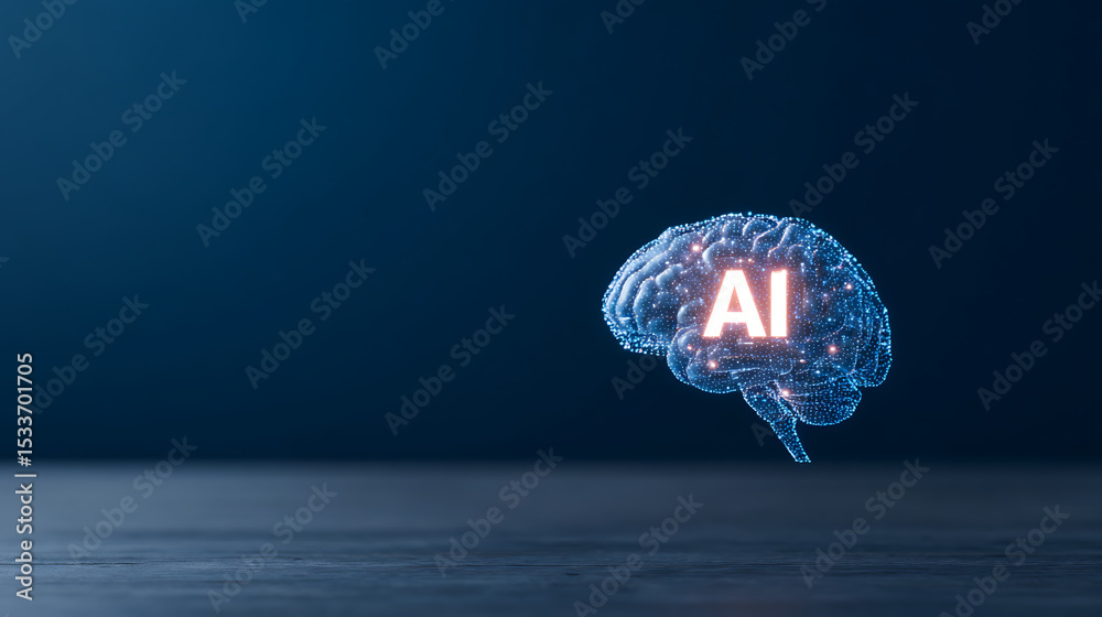 Poster 3d rendering of ai text glowing inside glass glossy human brain. blue color theme. concept for artif