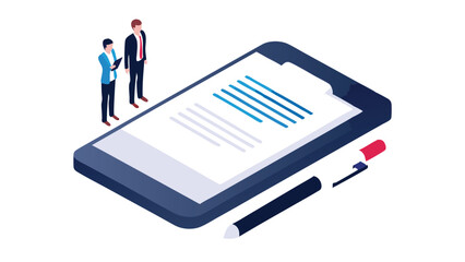 Isometric view of two men standing near a large tablet displaying a document with a pen on the side