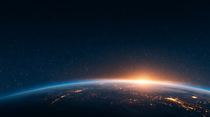 Fototapeta premium 3D Rendering of earth from space with run rising and ray light flare at horizon among glowing stars in galaxy. For wallpaper sci fi science or technology background 62077569 1