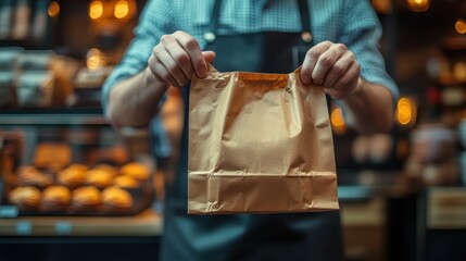 Male baker holding brown paper bag in a bakery with assorted pastries displayed