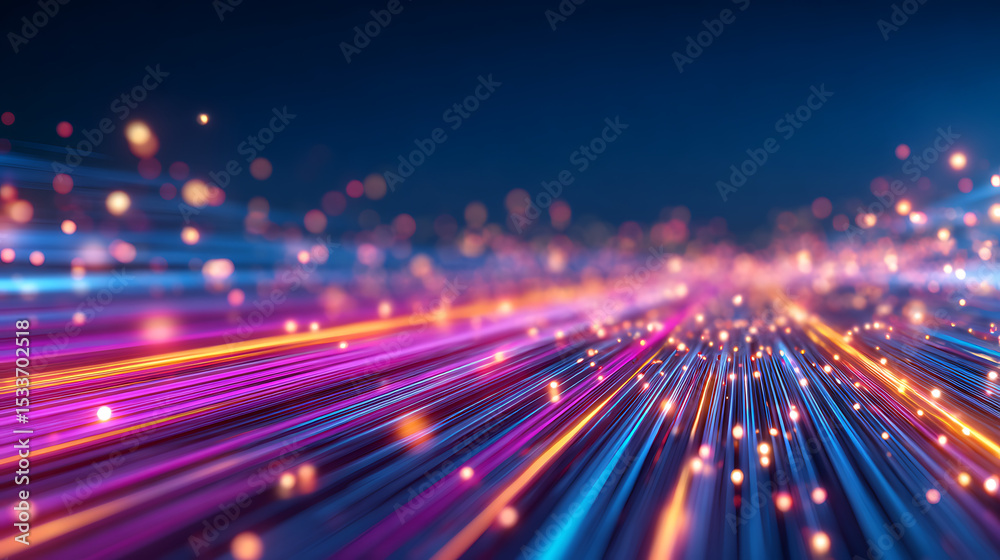 Poster 3d rendering of abstract fast moving stripe lines with glowing data light flare. high speed motion b