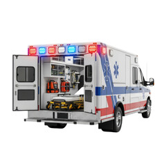 Emergency medical services ambulance with open doors displaying interior equipment transparent PNG