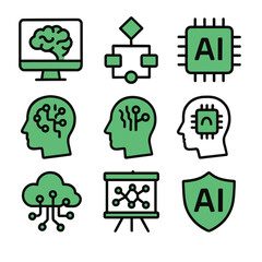 Artificial intelligence / AI icons. AI cloud, robot, network, chip, machine learning