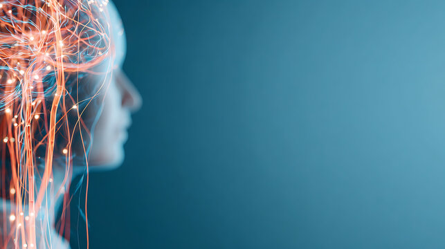 Artificial cybernetic circuit brain inside human nerves system (side view). Concept of combining bio organism with high technology to create artificial intelligence (AI). With copy space av 26838472 1