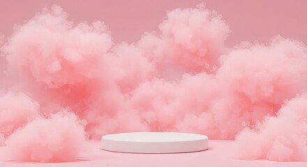 White podium in pink background with soft clouds for product presentation or advertisement scene 3d rendering