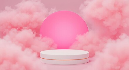 White podium with gold trim surrounded by pink clouds and a pink sphere in the background