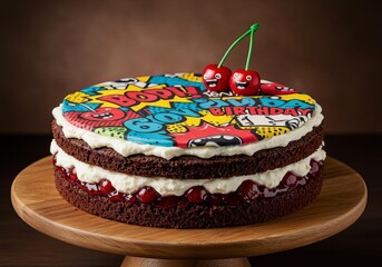 A chocolate layer cake with comic style decoration and cherries on a wooden serving stand cake