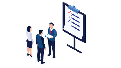 Business meeting with presentation board showing checklist and team discussion in a corporate setting