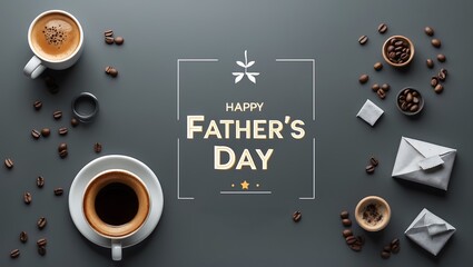 Flat lay Father's Day greeting card with coffee and gifts.