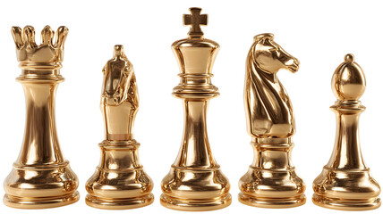 Golden chess pieces displayed against a white backdrop depicting strategy power and luxury