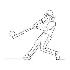 Continuous line drawing of male baseball professional player athlete holding baseball stick and wearing helmet and uniform. Vector illustration single line sketch editable stroke