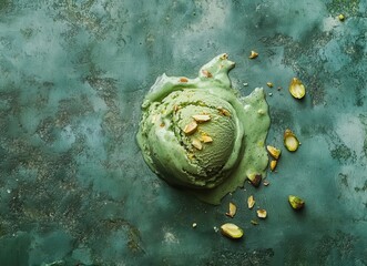 Obraz premium pistachio ice cream scoop on light green background, top view with copy space