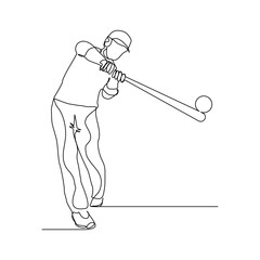 Continuous line drawing of male baseball professional player athlete holding baseball stick and wearing helmet and uniform. Vector illustration single line sketch editable stroke